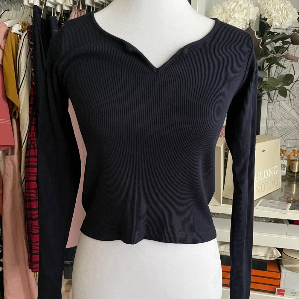 Brandy Melville Navy Ribbed Long Sleeve Cotton Top